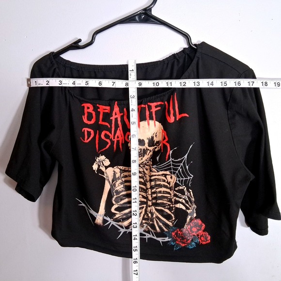 Romwe Beautiful Disaster Skeleton Graphic Off Shoulder Crop Top Black Large - Picture 3 of 7